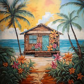 painting work of a brightly coloured wooden beach house on a Caribbean island.