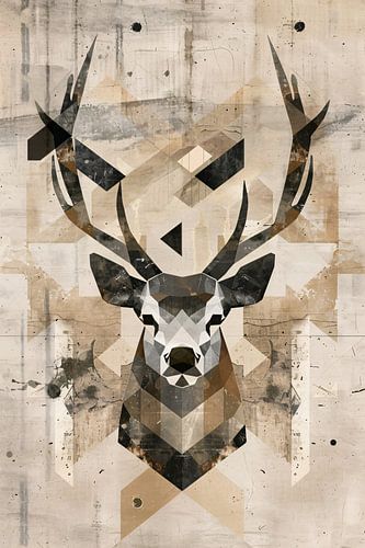Geometrische Sepia Hertenkop in Minimalistische Stijl