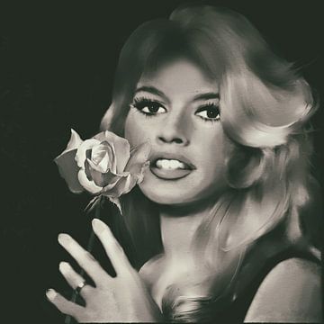 Brigitte Bardot avec une rose blanche - noir et blanc