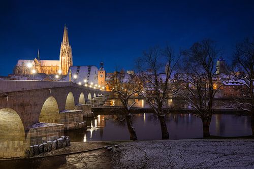 Regensburg mit Steinerne Brücke im Winter