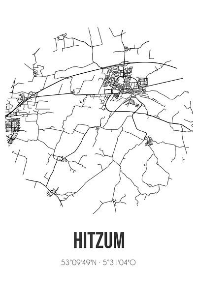 Hitzum (Fryslan) | Map | Black and white by Prints of Place
