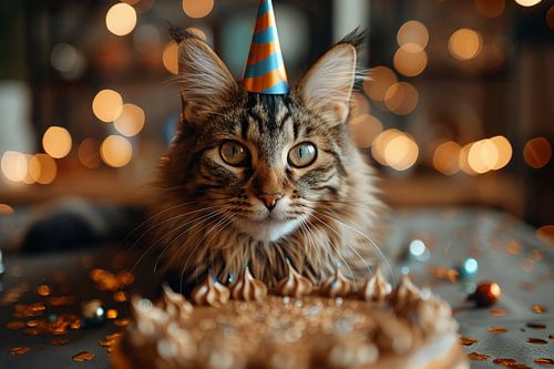 Drôle de chat fête son anniversaire avec un chapeau de fête et un gâteau