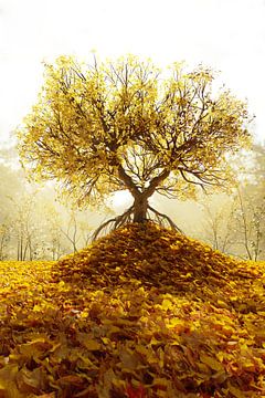 Boom met gouden bladverkleuring op stapel bladeren van Besa Art