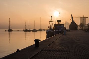 Sunrise in the city port of Rostock