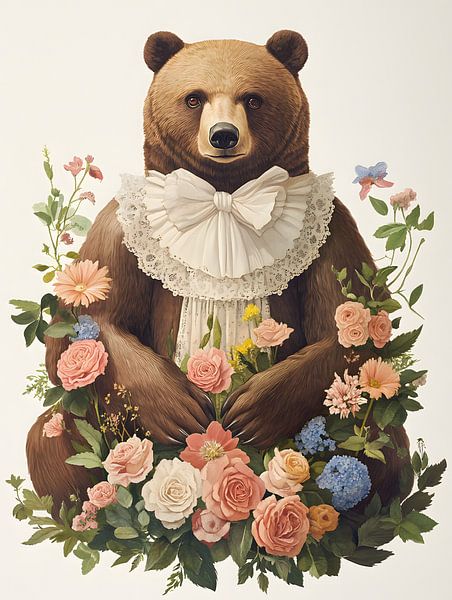 Mid Century Bär mit Blumen von Olga Wildrose