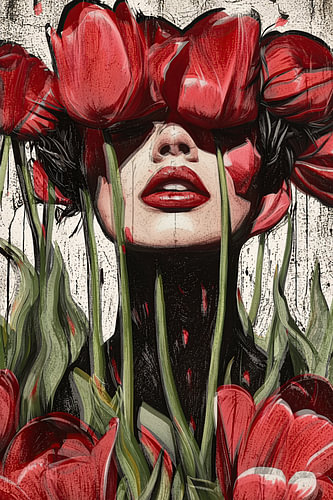 Woman Portrait with Tulips, Expressive and Colourful