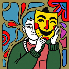Le masque du bonheur : sourires dorés et larmes cachées – Pop Art sur Aden Pink Studio