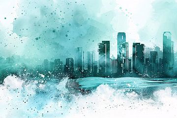 Abstracte skyline in blauwe tinten schilderij van Art & Soul Creations