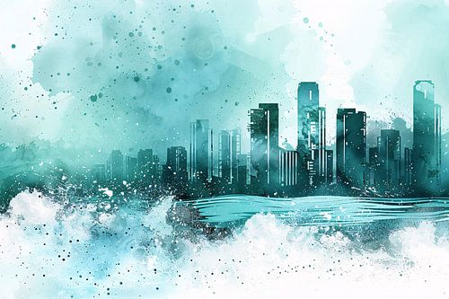 Abstracte skyline in blauwe tinten schilderij