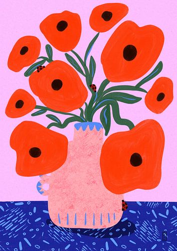 Rode klaprozen en lieveheersbeestjes Florale Illustratie