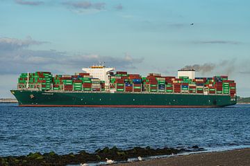 Containerschip Theseus verlaat de haven van Rotterdam. van Jaap van den Berg