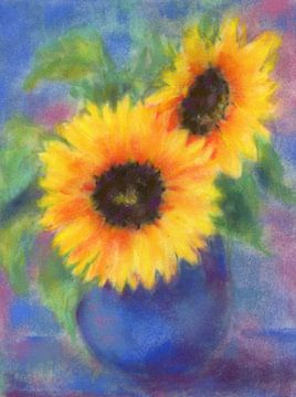 Blaue Vase mit zwei Sonnenblumen Stillleben Pastellgemälde von Karen Kaspar