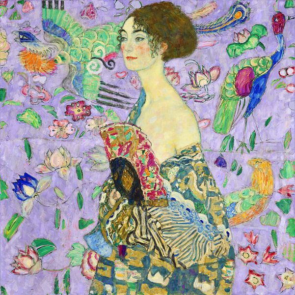 Dame mit Fächer, Gustav Klimt (violett, digital vergrößert) von Meisterhafte Meister