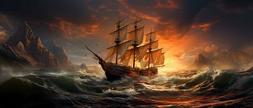 Sailing ship during stormy sunset by Preet Lambon