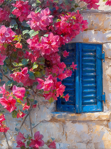 Mittelmeer-Fenster mit rosa Blumen