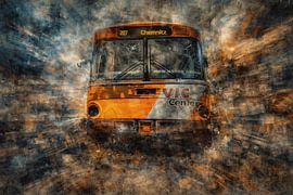 Klassiek voertuig in abstracte ruimte met gedeconstrueerde texturen en overlappingen