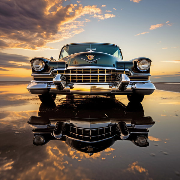 Oude Cadillac bij zonsondergang