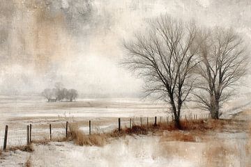 Winterse Stilte met Houten Hek - Fine Art in Aardetinten