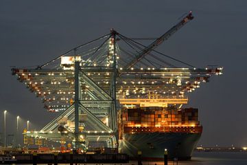 Maersk containerschip onder de kranen verlicht. van Arthur Bruinen