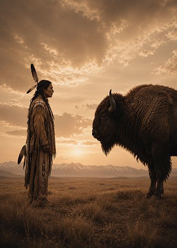 Native Americans and buffalo at sunset