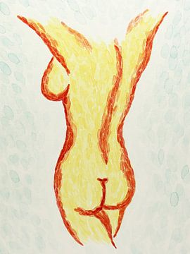 De naakte dame (abstract aquarel schilderij vrouw lichaam borsten billen geel rood contemporary bil) van Natalie Bruns