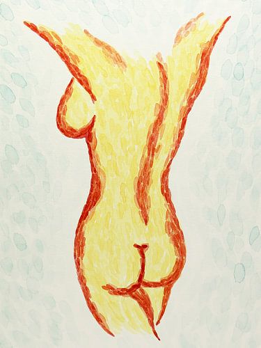 De naakte dame (abstract aquarel schilderij vrouw lichaam borsten billen geel rood contemporary bil)