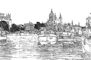 Pen drawing Oosterdok Amsterdam Netherlands Line drawing