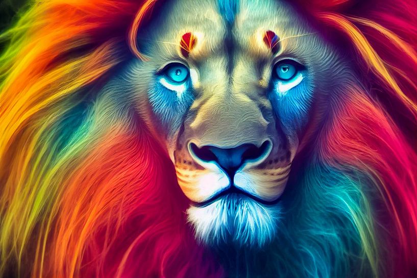 Portrait d'une tête de lion multicolore, Peinture Art Illustration 02 par Animaflora PicsStock