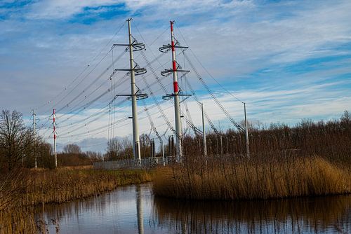Umspannwerk mit Hochspannungsnetz im Naturraum