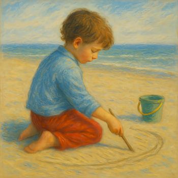 Ein Kind malt im Sand. Ein stiller Moment des Spiels, der Aufmerksamkeit und der Ausrichtung