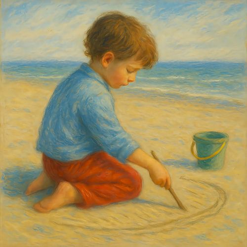 Kind tekent in het zand. Een verstild moment van spel, aandacht en afstemming