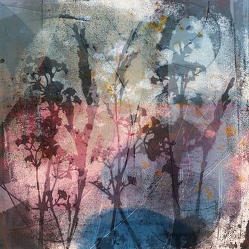 Modern abstract botanical art. Flowers and plants in grey, blue, pink and purple by Dina Dankers