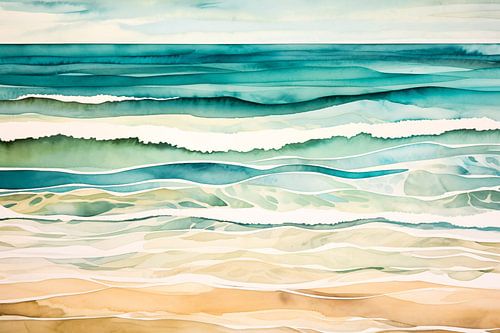 Aquarel zee en strand schilderij
