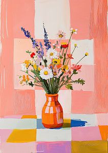 Rosa Träume: Gouache-Wildblumen auf Karo