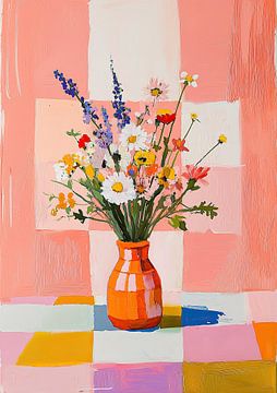 Pink dreams: Gouache wildflowers on chequered pattern