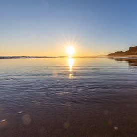 Sunset on the sandy beach Praia da Falésia. Cliffs Pink flowers near Albufeira, Portugal by Fotos by Jan Wehnert