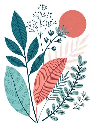 Botanische rust bij tropische zonsondergang: Levendig gebladerte en koraalzon Illustratie