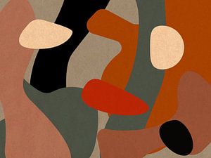 Moderne abstrakte Kunst. Organische Formen in leuchtenden 70er-Jahre-Farben. Terrakotta, Lachsrosa, warmes Grau, Ziegelrot und Schwarz von Dina Dankers