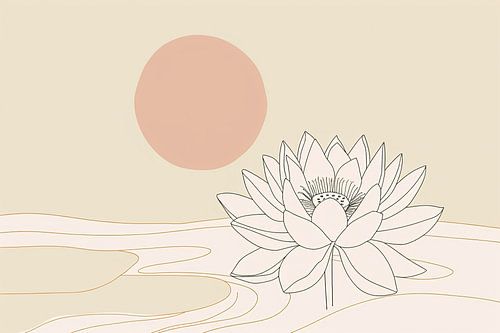 Minimalistische lotus bij zonsopgang tekening