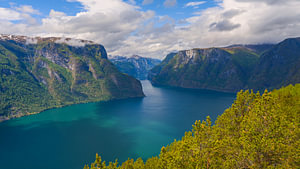 Blick auf den Aurlandsfjord, Vestland, Norwegen