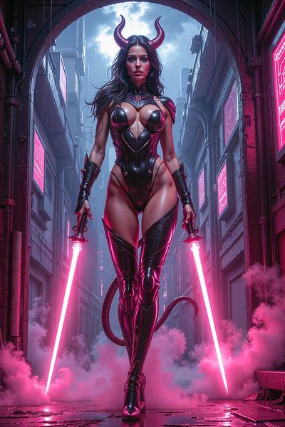 NEON LILITH: La démone aux lames de lumière de la cité cyberpunk par INFERAURUM