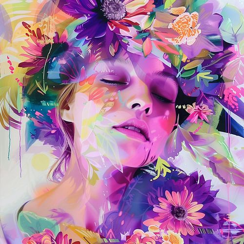 Mélange abstrait de fleurs et portrait de femme