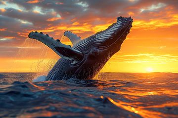 Humpback whale jumps out of the sea at sunset by Animaflora PicsStock