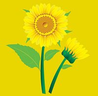 Zonnebloem illustratie met groene bladeren op een geel achtergrond