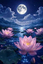 Lotus-Teich im Mondlicht: Eine ruhige nächtliche Blumenlandschaft von Artistic