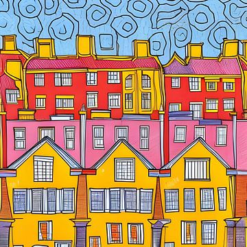 Stad in geel roze rood blauw van Lily van Riemsdijk - Art Prints with Color