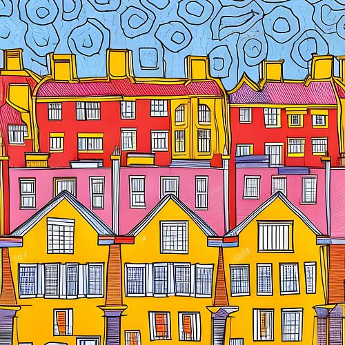 Ville en jaune rose rouge bleu