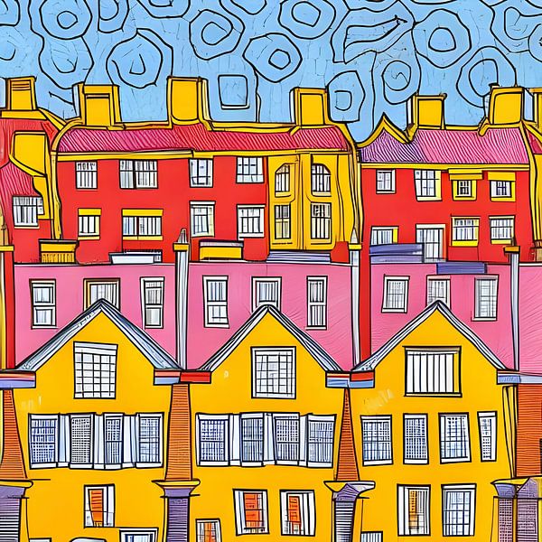 Stadt in gelb rosa rot blau von Lily van Riemsdijk - Art Prints with Color