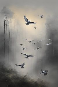 Peinture d'oiseaux dans une forêt abandonnée