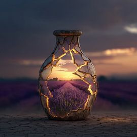 Lavendelfeld und Sonnenuntergang in einer Steinvase von TheXclusive Art